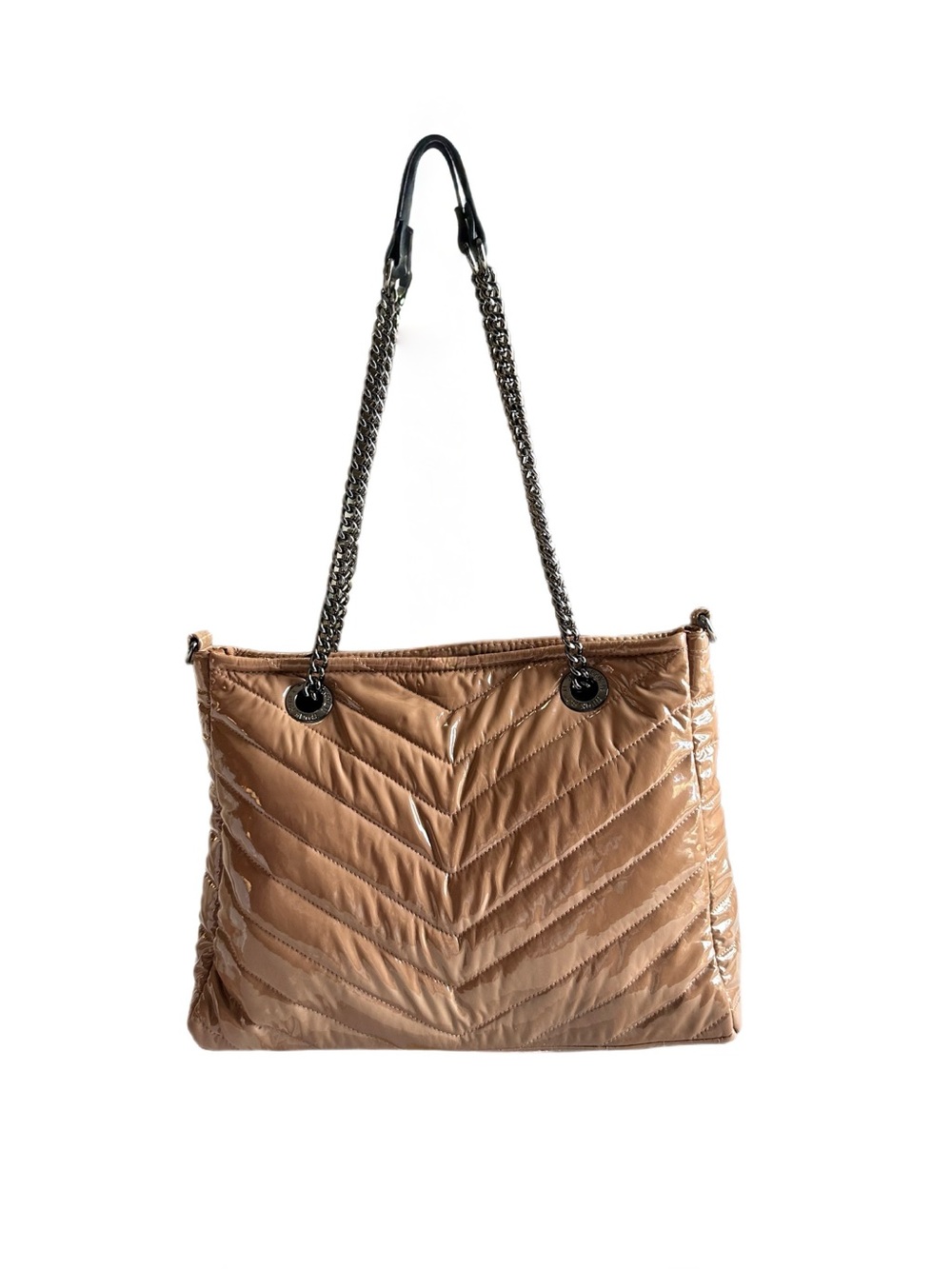 THINK ROYLN Telluride Chevron Patent Quilted Tote Crossbody Bag Nude